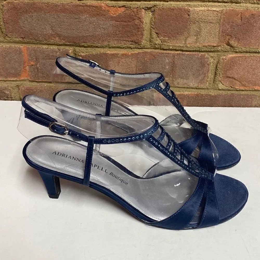 Adrianna Papell Boutique Navy Classic Satin Rhinestone Beaded Heels Size 9.5